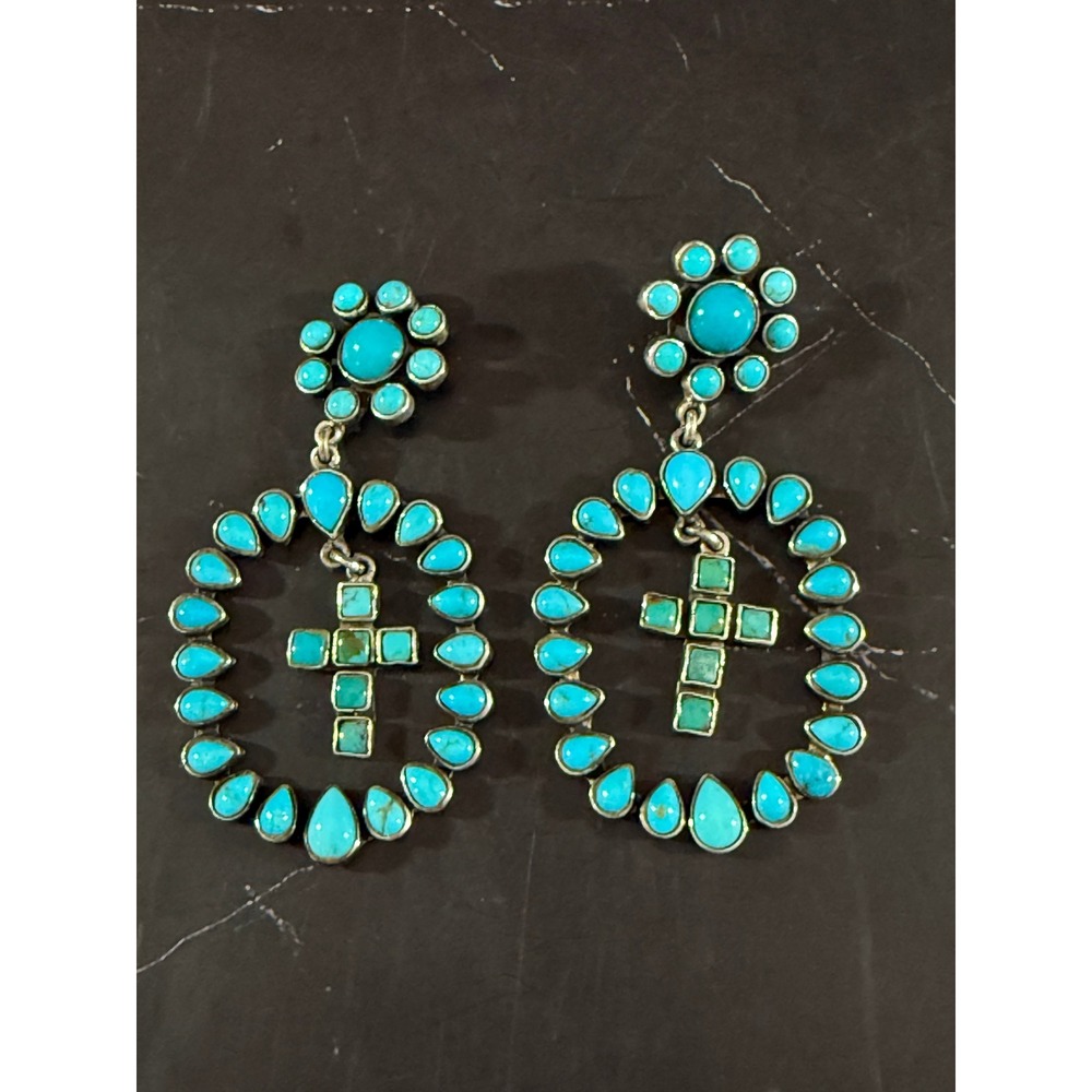 Vintage Federico Jiminez Sterling Silver Turquoise Hoop and Cross Earrings READ